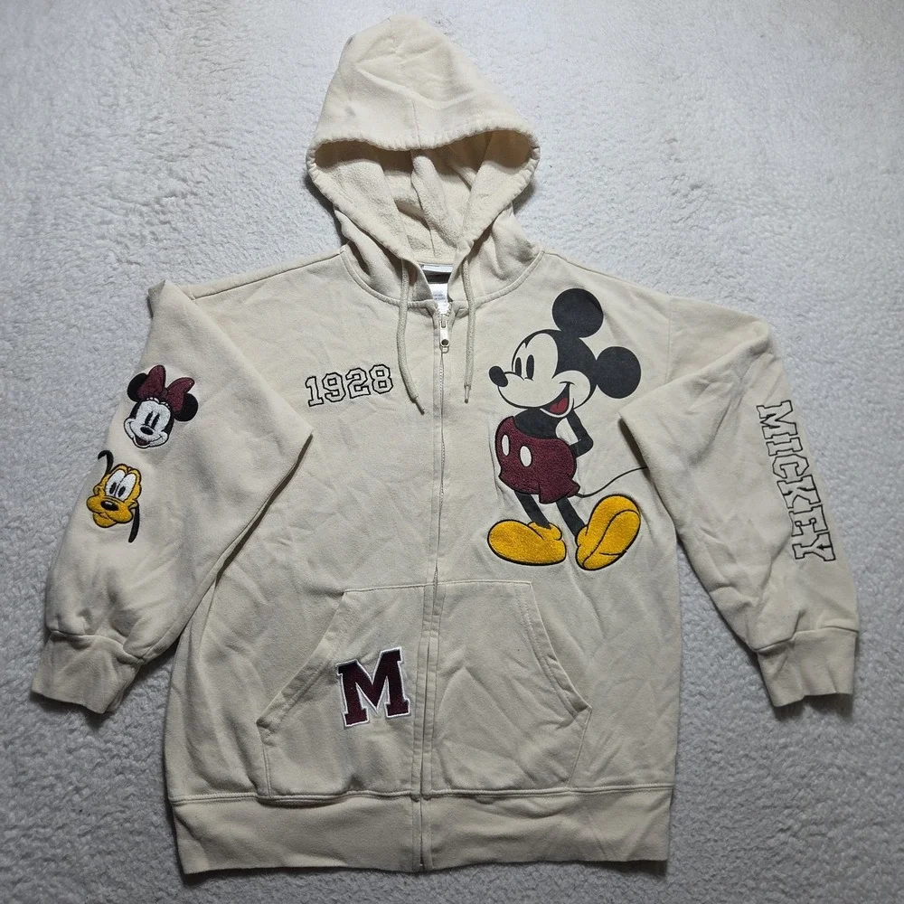 Disney Jacket Mickey and Friends Embroidery Full Zip hooded Beige Medium